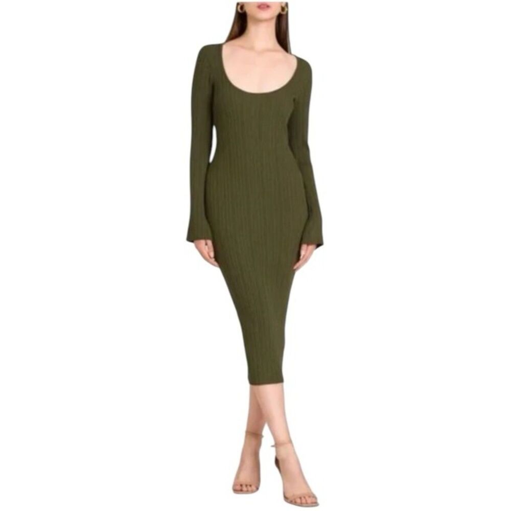WAYF Alexi Long Sleeve Ribbed Scoop Neck Stretch Bodycon Dress NWT Size XS
